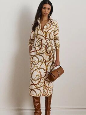 Ralph Lauren Belted Chain-Print Shirt Dress in Ivory and Tan